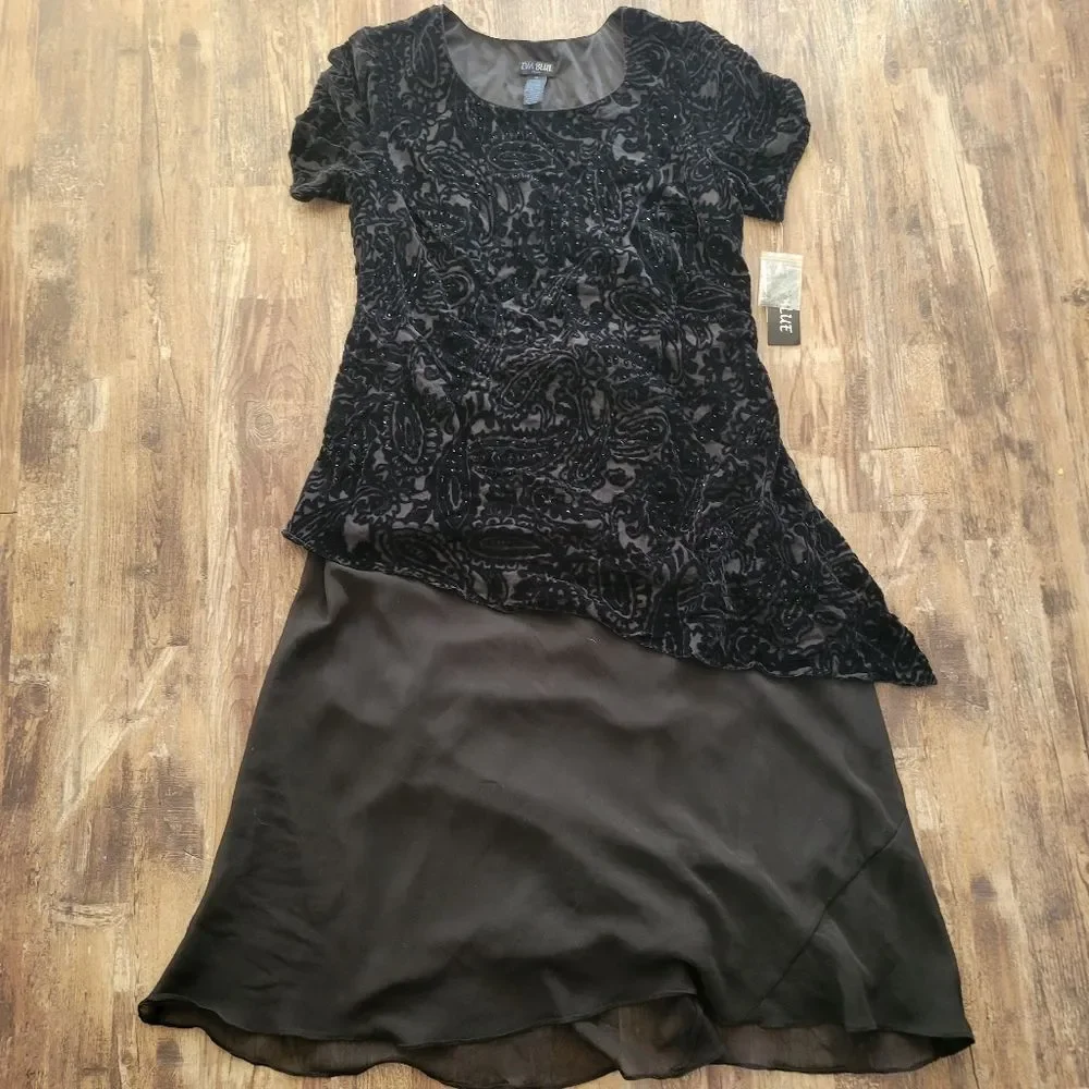 Eva Blue Plus Black Layered Paisley Gem Evening Dress, New with Tags,